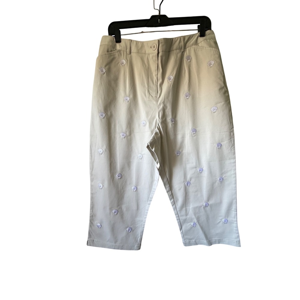 Appleseed's Cropped Pants Womens 18P Tan Embroidered Seashells Cotton